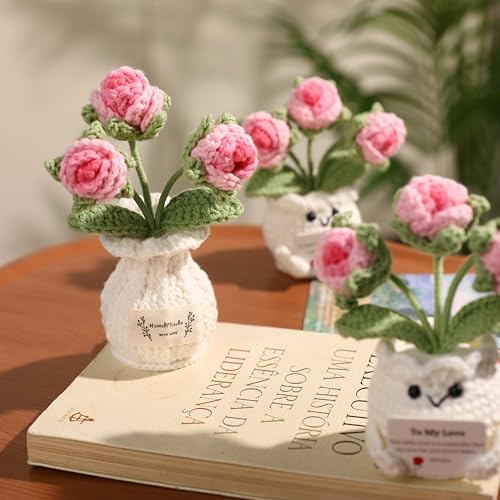 Crochet Rose Flower Potted Plant – Pink, for Her, Handmade Knitted Romantic Desk Decor - color: D-rose-pink