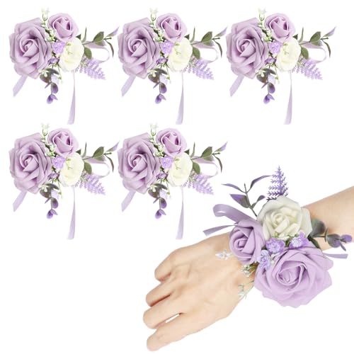 Purple Corsage for Wedding Bridesmaid Mother Grandmother, Set of 6 Prom Artificial Flower Corsage Wristlet Wristband for Women Girls Hand Flowers for Homecoming Ceremony Anniversary Suit - color: Purple