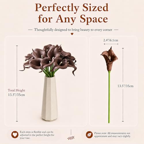 Mandy's 20pcs Brown Calla Lily Artificial Flowers | 13.5 Inch PU Realistic Bouquet for Vase Elegant Home Decor Centerpiece Wedding Bridal Bouquet Table Decoration - color: Brown