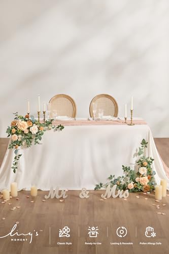 Ling's moment 2PCS Apricot Peach Artificial Flower Garland Wedding Arch Flowers Floral Swags Centerpieces Decoration Rose Greenery for Sweetheart/Head Table Easel Wall Entryway Board Backdrop - color: Brn-apricot & Peach