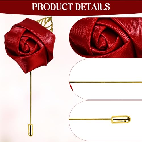 1Pcs Flower Lapel Pins,Rose Pins for Men for Dance,Party,Wedding - color: Crimson Golden Leaf