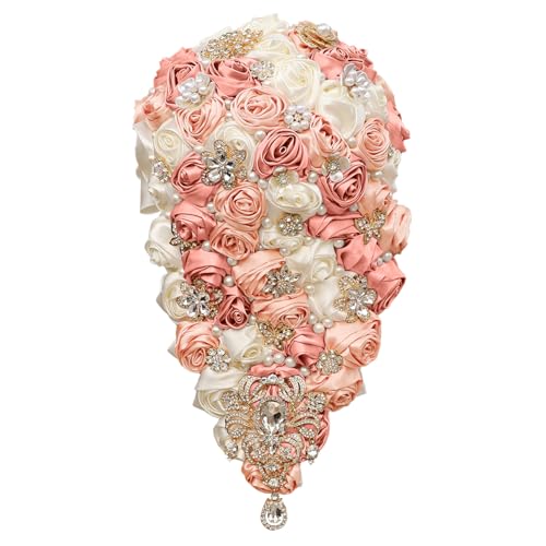 Handmade Satin Rose Water Drop Bridal Bouquet,8.7inch Crystal Wedding Round Tossing Bouquet,Jewelry Proposal Bridesmaid Bouquet Groom Corsage Bride Wrist Flower ivory (07#Ivory Champagne pink) - color: 07#ivory Champagne Pink