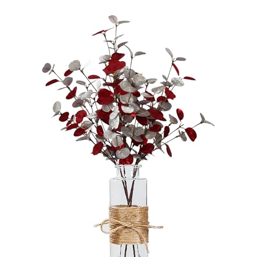 4pcs 23.62" Realistic Red & Silver Faux Eucalyptus Stems – Artificial Eucalyptus Leaves for Vase Decoration, Christmas & Rustic Farmhouse Greenery for Table Centerpiece - color: Red and Silvery