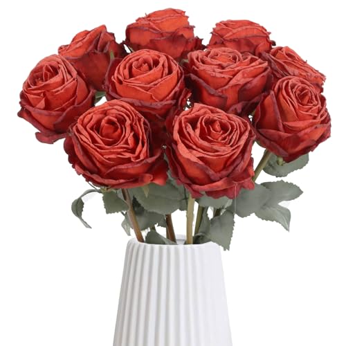 IPOPU 10PCS Roses Artificial Flowers Realistic Silk Flowers Faux Red Roses Bouquet with Long Stem for DIY Wedding Bouquet Table Centerpiece Home Party Decor(Red) - color: Red