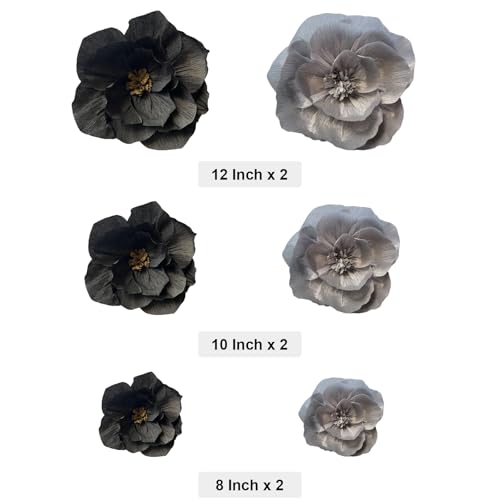 BRT Bearingshui Crepe Paper Flowers Decoration for Wall Total 6 Pcs, Artificial Flowers for Wedding Decor,Flower Backdrop Decor, Baby Bridal Shower Birthday Party, Silver Black 3D Wall Flowers Decor - color: Silver Black