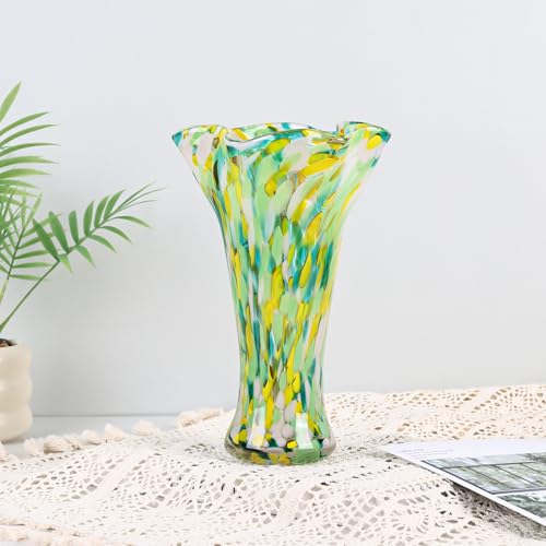 9.0"H Green Glass Vases for Flowers, Unique Hand Blown Glass Vase Green Gold Home Decor, Wide Mouth Colorful Flower Vase Centerpieces, For Living Room Table Bookshelf, Bathroom Office Shelf Decorative - color: Green