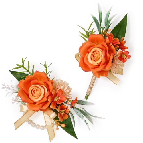 Serwalin Orange Corsage and Boutonniere Set, Prom Corsage and Boutonniere Set of Wedding Flowers Homecoming Accessories Party Suit Decoration - color: Bright Orange, size: 1 Boutonniere & 1 Wrist Corsage - 2pcs