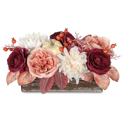 DILATATA Fall Decor Autumn Harvest Pumpkins Centerpiece - Artificial Rose Chrysanthemum Flowers Berries Arrangement in Rectangle Wooden Box for Thanksgiving Party Mantel Fall Decor - color: 12"l Burgundy&white