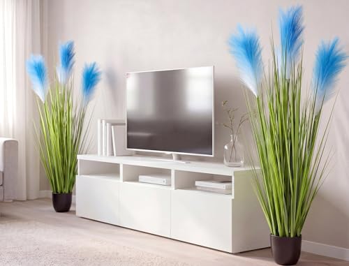 Jexine 2 Pcs 4 ft Artificial Tall Grass Plants for Outdoor Faux Tall Grasses Plant with Reed Flowers Potted Fake Greenery Plants for Housewarming Gift House Garden Lobby Outdoor Decoration (Blue) - color: Blue