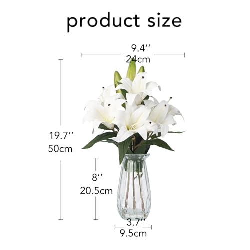 6 Pcs Artificial Lily Flowers with Glass Vase, 19.7" Faux Stargazer Lily Stems with 2 Blooms and 1 Bud Each, Faux Tiger Bouquets for Home, Hotel, Party Flower Arrangement Decor (White) - color: White, size: Lily