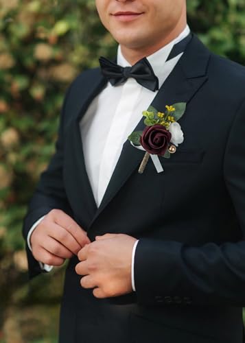 Set of 2 Burgundy Rose Boutonniere for MenWedding, Groom Groomsman Artificial Flowers for Wedding Anniversary Celebration,Prom,Party,Home Decoratio (Burgundy) - color: Burgundy