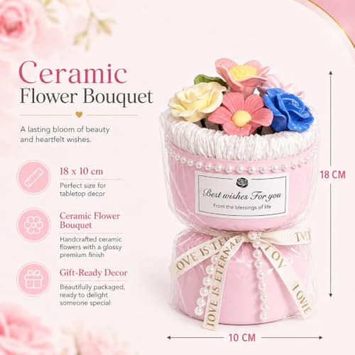 Porcelain Flower Bouquet - Handmade Ceramic Flowers Floral Arrangement, 6 Unique Blossoms, 6 inches Height, Shelf Living Room Decor, Ideal Gift for Mother’s Day, Birthdayr (Pink-Rose) - color: Pink-rose