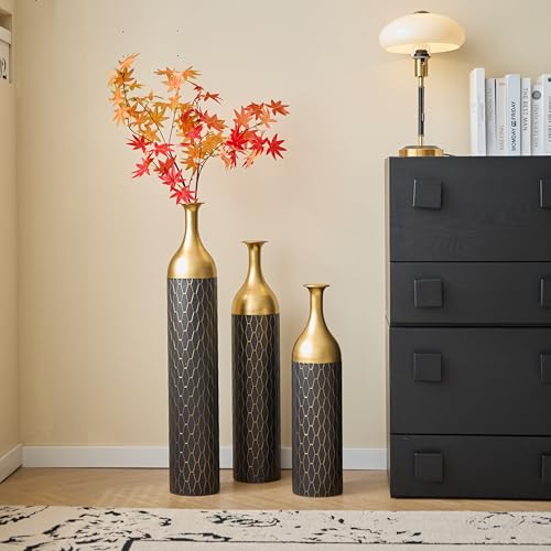 Tall Black and Gold Floor Vases - 34in Large Metal Floor Vase Decorative Tall - Set of 3 Modern Big Standing Vases for Living Room Dining Bedroom Home Corner Hallway Indoor Office - color: Floor Vases Black Gold
