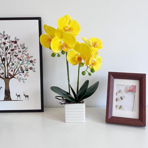 Artificial Orchids for Home Decor Indoor with Vase Orchids Artificial Flowers Yellow Orchid Height 14 inches - color: Yellow