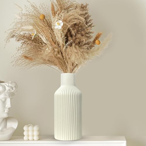 Ceramic Flower Vase, Minimalist Modern Home Decor, Matte Finish Pampas Grass Vase for Table, Fireplace, Shelf, Mantel, Entryway and Centerpieces (Off White) - color: Off White, size: 8in