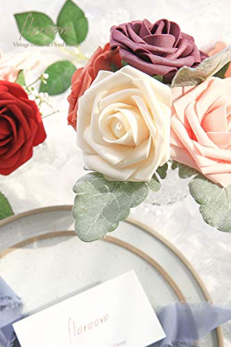 Floroom Artificial Flowers 50pcs Real Looking Champagne Foam Fake Roses with Stems for DIY Wedding Bouquets Bridal Shower Centerpieces Floral Arrangements Party Tables Home Decorations - color: Champagne, size: 50Pcs