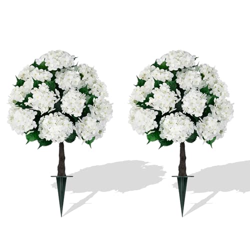 Grooy Artificial Topiary Ball Tree with White Hydrangea, Set of 2 UV Resistant Shrubs with Ground Spike, Fake Evergreen Plant Decor for Porch Garden Indoor Outdoor - color: White Hydrangea