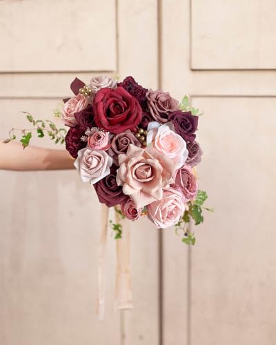 FACINOC Roses Artificial Flowers Burgundy Fake Flower Bulk for DIY Wedding Bouquet Bridal Baby Shower Centerpiece Table Decorations Cake Decorating Silk Faux Floral Arrangements Party Home Decor Dusty - color: Burgundy, Dusty Rose