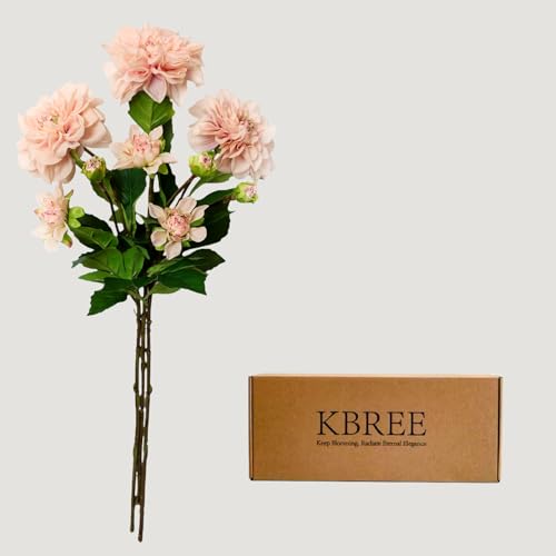 KBREE Dahlia Artificial Flowers, 3 Pcs Real Touch Blush Pink Flowers, 24.3” Long Stem Faux Dahlias in Natural Tones, Large Bloom Stems for Wedding Bouquet DIY, Table Centerpiece & Home Office Decor - color: Blush Pink