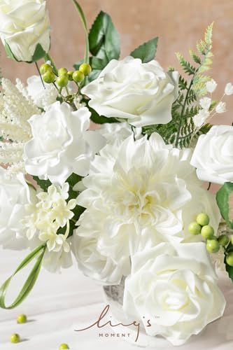 Ling's moment Fake Flowers Box, Artificial Faux Greenery Stems Silk Dahlias Foam Roses for Wedding Bouquets Centerpieces Decorations Backyard Floral Arrangement, White & Olive Green, Deluxe Combo - color: Wht-white & Olive Green, size: Deluxe