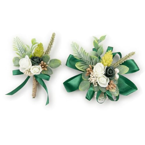 Dark Green Ivory Corsage and Boutonniere Set Wrist Corsage Wristlet for Prom Groom Flower Boutonniere for Men Wedding Party Homecoming Accessories Suit - color: Dark Green