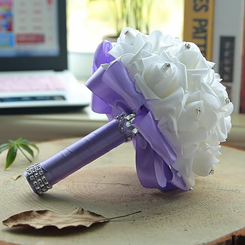 Wedding Bouquets for Bride, Bridal Flowers for Wedding, Bride Bridesmaid Hand Flowers Bridal Bouquet Crystal Diamond Silk Roses, Artificial Flowers Bouquet for Church Wedding Party (Purple) - color: Purple