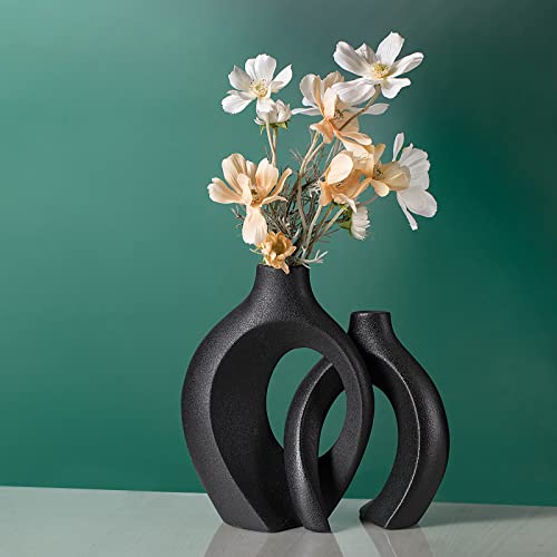 Levvohd Black Hollow Ceramic Vase Set of 2, Snuggle Round Boho Donut Modern Vase Nordic Minimalist Decorative Vase for Modern Trendy Home Table Centerpiece Decor (W 6.3" X H 8") - color: Black - Round Large