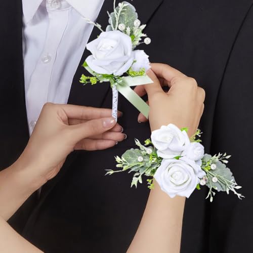 Rose Corsage and Boutonniere Set, 2PCS Handmade Artificial Flower Bride Wrist Corsage Wristlet Bracelets Wristband Men Boutonniere for Wedding Prom Suit Decorations (White) - color: White
