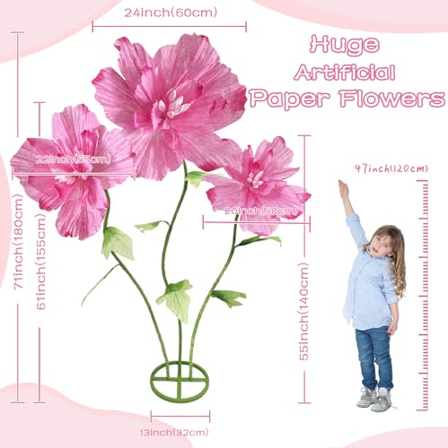 Large Artificial Paper Flowers Decoration, Giant Fake Flower with Standing Base and Stems Big Wedding Reception Background Party Banquet Decor Shop Window Display Photography Props, Dark Pink - color: Dark Pink