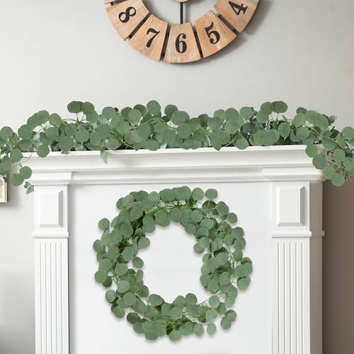 Sggvecsy 8Pcs Artificial Eucalyptus Garland Greenery Leaves Silk Vines Silver Dollar Leaves Faux Leaf Plants for Wedding Wall Table Party Home Fireplace Bedroom Decor - size: 8pcs
