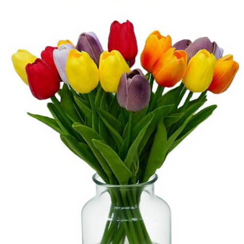 20pcs Faux Tulips Artificial Flowers Faux Flowers PU Artificial Tulips 13 Inch Mother's Day Easter Valentine’S Day Gifts in Home Kitchen Spring Decorations For Home (Multicolor-1) - color: Multicolor-1