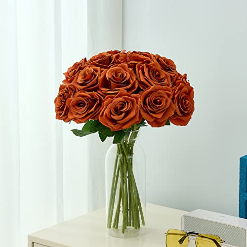 15pcs Burnt Orange Fake Roses Artificial Silk Flowers Faux Rose Flower Long Stems Bouquet for Arrangement Wedding Centerpiece Party Home Kitchen Decor(VASE NOT Included) - color: 15pcs Burnt Orange