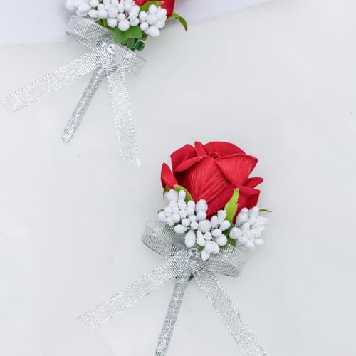 Red Rose Boutonniere for Men, Set of 2, Groom and Best Man Artificial Flowers Boutonnieres, for Wedding Ceremony Formal Dinner Prom Party - color: 2 Boutonnieres Red