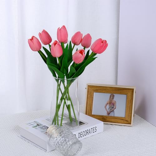 10Pcs Pink Fake Tulips PU Faux Tulips Artificial Flowers for Decoration Fake Spring Bouquet for Home Wedding Flower Decor - color: Deep Pink