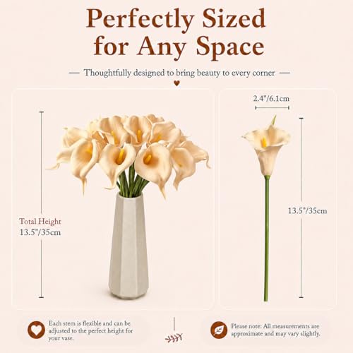 Mandy's 20pcs Champagne Calla Lily Artificial Flowers | 13.5 Inch PU Realistic Bouquet for Vase Elegant Home Decor Centerpiece Wedding Bridal Bouquet Table Decoration - color: Champagne