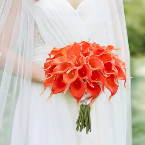 24 Pcs Artificial Calla Lily Flowers Fake Silk Flowers Real Touch for Wedding Bouquet Office Home Kitchen Decor (Coral) - color: Coral