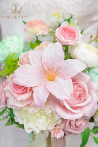 TINGE TIME Wedding Bouquets for Bride, 9 Inch Handcrafted Silk Bridal Flowers Bouquets for Wedding Ceremony, Gift for Bridesmaid, Bouquet for Party Church Decoration,and Romance Gifts (MintGreen&Pink) - color: Mint Green & Pink