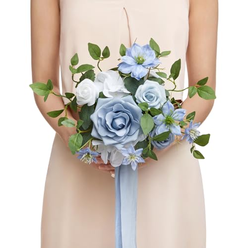 Ling's moment Blue Artificial Wedding Flower Bouquets for Bridesmaids White Floral Bouquet Dusty Blue Bridal Bouquets for Bridesmaids with Ribbon Ceremony Anniversary,7-inch Diameter - color: Blu-posy-dusty Blue & Navy