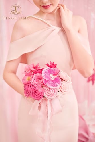 TINGE TIME 7inch Wedding Bouquets for Bridesmaid, Artificial Flowers Cascading Bridal Bouquet for Wedding (Hot Pink, Set of 4) - color: Hot Pink