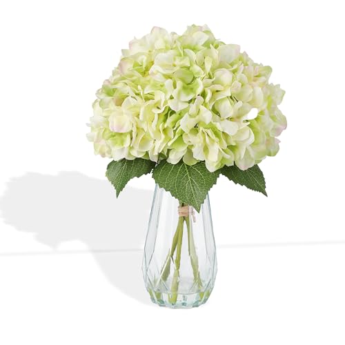 5-Piece Artificial Hydrangea Arrangement in Glass Vase - Fade-Resistant Silk Flowers with Faux Water for Table Centerpieces - color: Multi-hydrangea Stem in Vase, size: Green