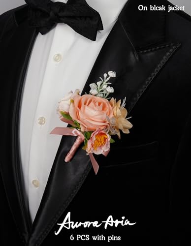 AuroraAria Champagne Boutonniere for Men,Set of 6,Groom Boutonniere for Wedding,Anniversary,Homecoming,Formal Dinner Party,Wedding Decor,Artificial Champagne Rose - color: Champagne