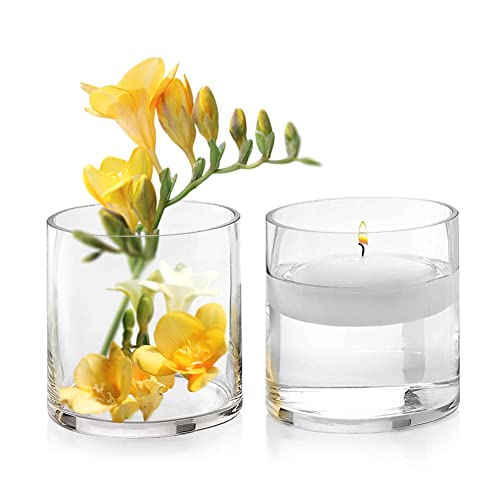 Enova Floral Clear Glass Cylinder Vase 5 x 5 Inches Round Flower Vase, Pillar Candle Hurricane Floating Candle Holder Vase, Small Floral Glass Vase for Decoration Home, Wedding Centerpiece (1 Piece) - size: 5W X 5H