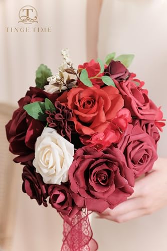 TINGE TIME Burgundy Bridesmaid Bouquets Set of 4 for Wedding Wedding Bouquets 7 Inch Artificial Silk Flowers Bridal Bouquets for Bridesmaids, Wedding Decor, Anniversary, Party - color: Burgundy Red
