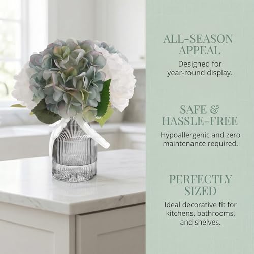 Fake Flowers in Vase,11" Small Full Silk Hydrangea Artificial Flowers Arrangment for Bathroom Bedroom Office Desk Decor White Faux Flower Decor (Blue in Black Vase) - color: Blue in Black Vase