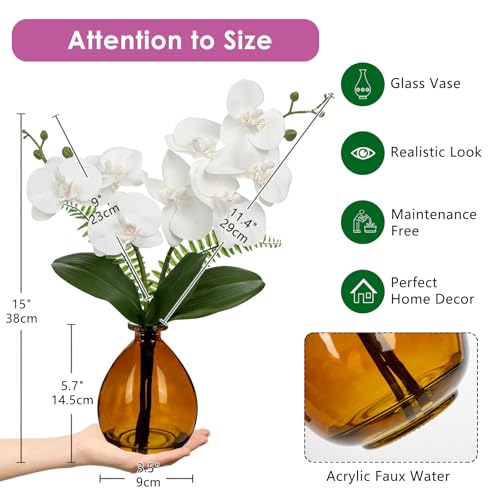 Oairse White Orchids Artificial Flowers, Faux Orchid in Glass Vase Real Touch Small Phalaenopsis Orchid Flowers Arrangements with Amber Vase Orchids Centerpiece for Dining Room Table - color: White & Amber
