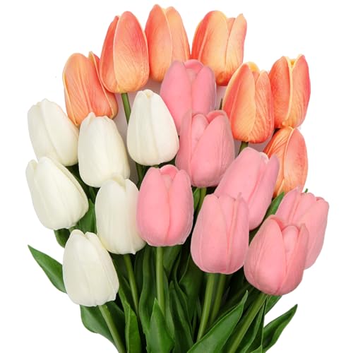 20 Pcs Artificial Tulips Flowers Mixcolor Real Touch Fake Tulips Fake Flowers for Mother's Day 13.5" Faux Tulips Faux Flowers Bulk Artificial Tulips Flowers for Vase Centerpieces Home Wedding Bouquet - color: Mixcolor Style1 #20