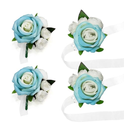 Wrist Corsage and Boutonniere Set, Artificial Rose Corsage Wristlet and Boutonniere for Wedding Prom Party (Blue, 2 Boutonniere&2 Wrist Corsage) - color: Blue, 2 Boutonniere&2 Wrist Corsage