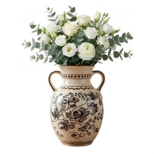 EFISPSS Ceramic Vintage Vase,Chinoiserie Rustic Farmhouse Floral Spring Decor for Home Decor Living Room Fireplace Office, Grey - color: Gray