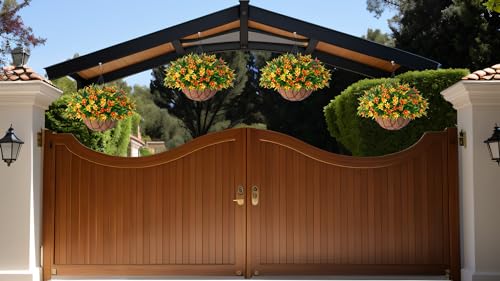 INXUGAO Artificial Hanging Flowers with 12" Basket for Outdoor Decor, Faux Silk Daisy Flower UV Resistant Plants Arrangements Decoration for Indoor Porch Garden Yard(Orange) - color: B-orange