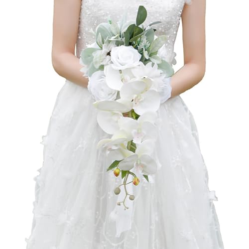 9.1 Inch Cascading Bridal Bouquet Waterfall Cascade Bridal Wedding Bouquet for Bride with Artificial White Rose Phalaenopsis Flower Greenery Rustic - color: White Rose & Moth Orchid